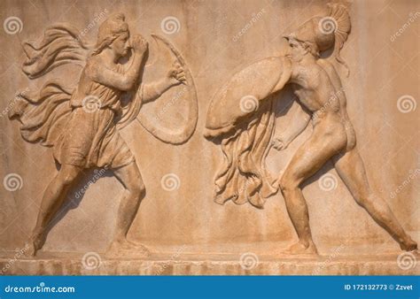 ancient greek bas relief amazon  full military equipment fighting  greek warrior athens