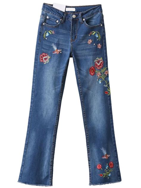 blue flower embroidery beaded denim pants sheinabaday flower embroidered jeans embroidered