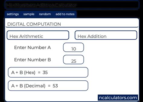 hex numbers addition calculator