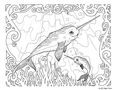 narwhal sea unicorn  printable coloring page  adults nautical
