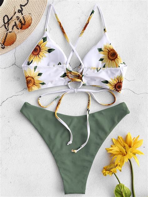 fashion sunflower printed bikini set swimwear women 2021 mujer push up
