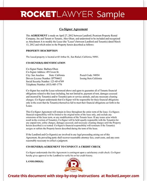 signer agreement rental lease cosigner  sample