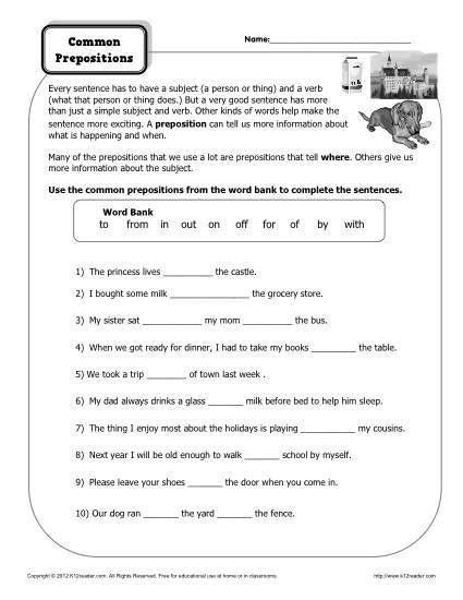 preposition worksheets middle school simple template design
