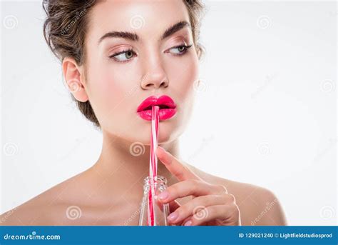 Beautiful Naked Girl Holding Bottle With Pink Drink And Straw Stock