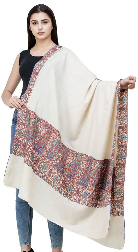 cream pure pashmina shawl  kashmir  sozni hand embroidered