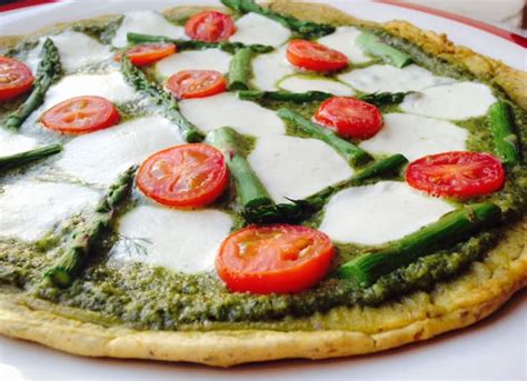 perfect weekday dinner gluten free pizza with pesto and asparagus