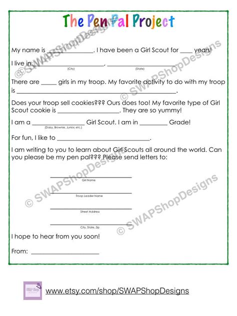 printable girl scout  pal project letter