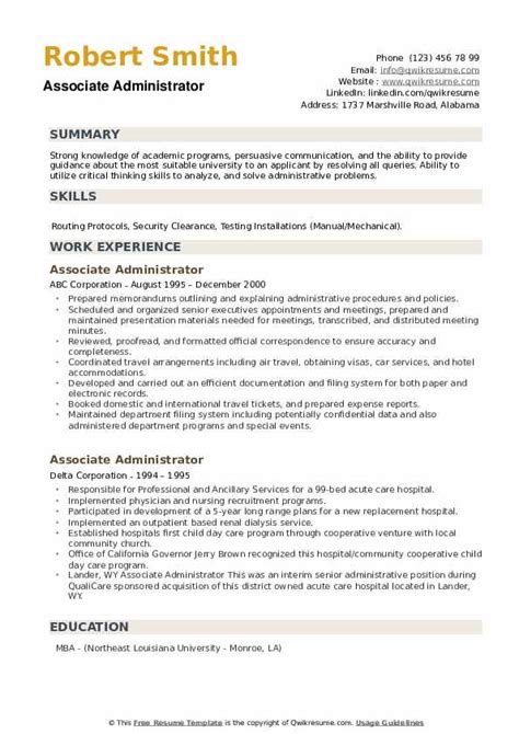 associate administrator resume samples qwikresume