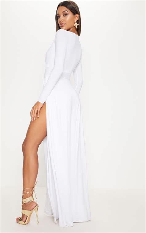 White Plunge Extreme Split Leg Maxi Dress Prettylittlething Usa