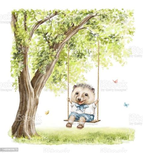 Watercolor Cartoon Composition With Little Hedgehog In Clothes Rides On