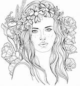 Coloring Girl Hair Her Wreath Floral Pages Adult Book Print Visit sketch template