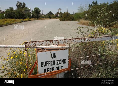 sign   fence labeled  buffer zone   nicosia cyprus stock