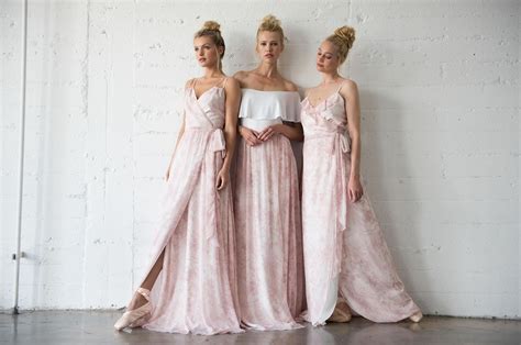 pretty in pink blush ballet inspired bridesmaids dresses by joanna august green wedding shoes