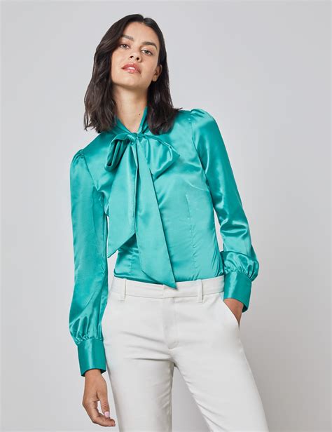 plain satin women s fitted blouse with single cuff and pussy bow in