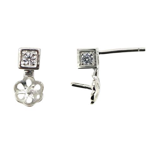 sterling silver earring findings square cz stone stud  pearl cup