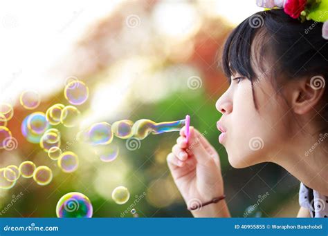 Close Up Teenager Girl Blowing Soap Bubbles Stock Image Image Of