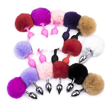 small silicone metal bunny tail butt plug multiple color