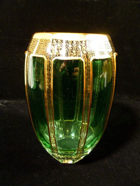 Vintage Exquisite Quality Moser Gilt And Green Cabochon Glass Vase