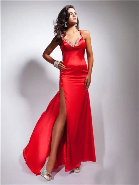 sexy sheath sweetheart backless long red silk prom dress with straps