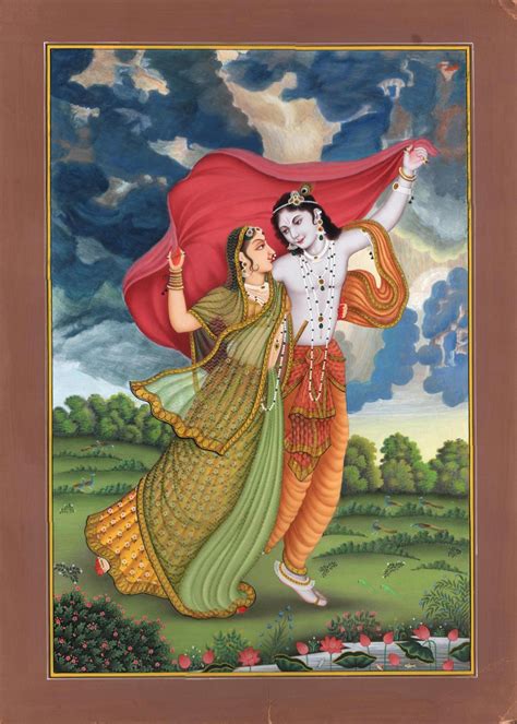 Krishna Radha Love Painting Handmade Hindu Religion Watercolor Wall