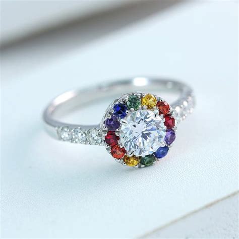 diamond and natural rainbow sapphire flower ring lesbian relationship ring in 14k white gold