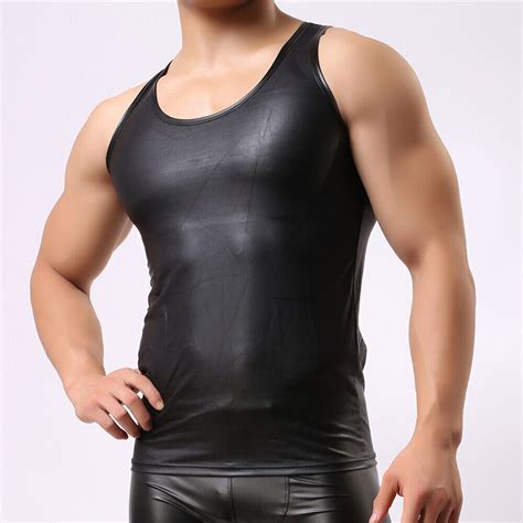 New Mens Faux Leather Black Fetish Erotica Tank Top Sleeveless T Shirt