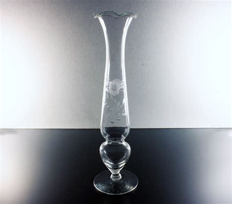 Etched Glass Bud Vase Clear Glass Fluted Top Pedestal Base Floral