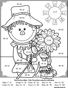 fall math color  number addition worksheets sketch coloring page