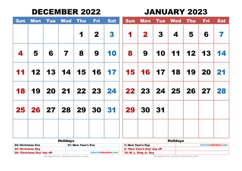 december  january  calendar printable