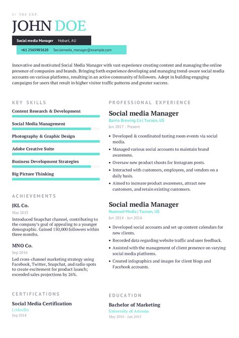social media manager resume   content sample craftmycv