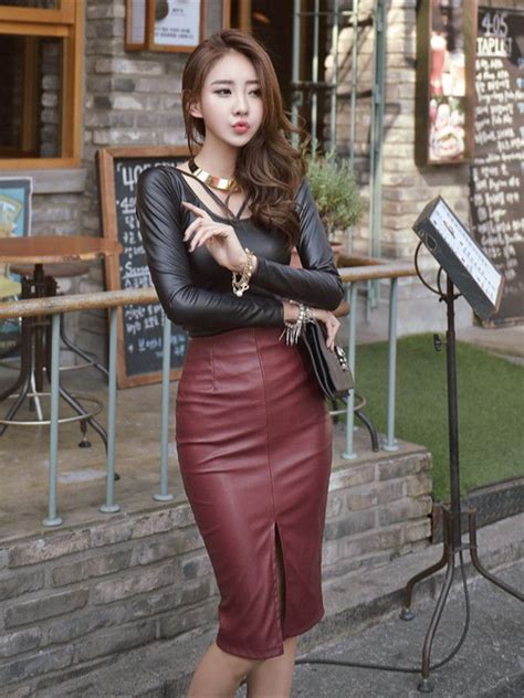 elegant korea round neck split skinny leather dress set