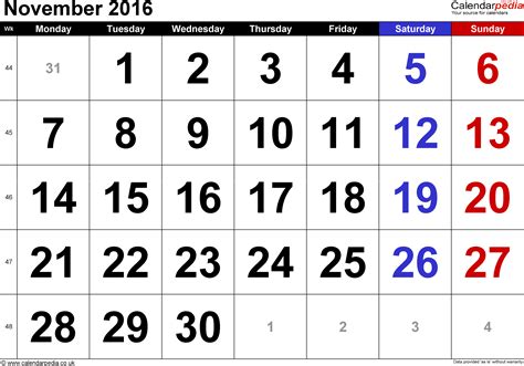 calendar november 2016 uk with excel word and pdf templates
