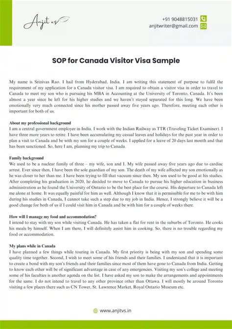 sop  canada visitor visa cover letter tourist visa sample