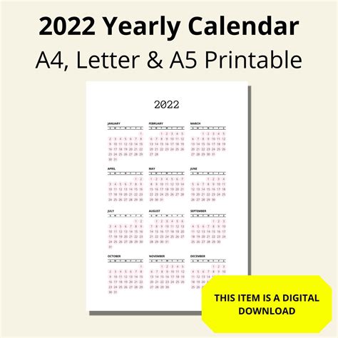 yearly calendar printable etsy