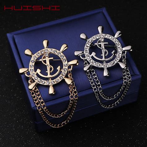 huishi crystal brooch golden ship s anchor rudder brooches for mens