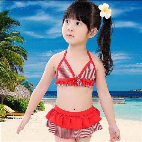 Lucu Gadis Kecil Bikini Pakaian Renang Merek Baru Merah Putih Striped