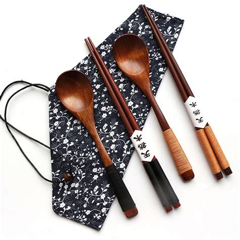 1 Pairs Chopstick 1 Spoons Handmade Japanese Natural Wood Chopsticks