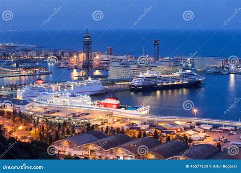 cruise port terminal  barcelona  night stock photo image  lights harbour
