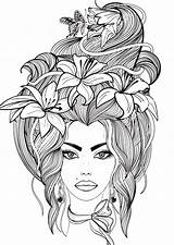 Coloring Flowers Hair Pages Adult Girl Portrait Long Her Lily Butterfly Girls Women Colouring Books Colorear Flower Color Book Para sketch template