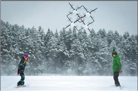 snowboarders are pulled along by a 16propeller drone on niniera lake surface near cesis latvia