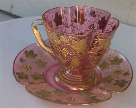 Sale Antique1890s Moser Cranberry Glass Footed Coffee Cup And Saucer