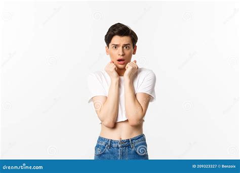image  scared androgynous man gasping   frightened staring