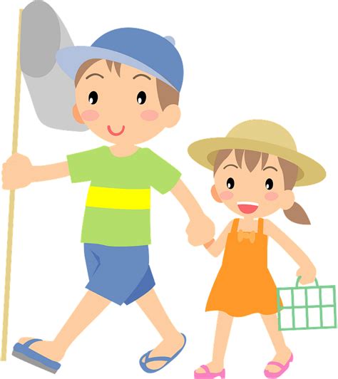 Brother And Sister Are Catching Insects Clipart Free Download