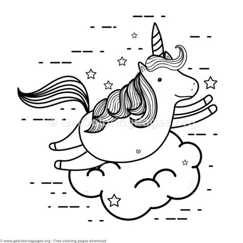 black  white drawing   unicorn flying  top   cloud  stars