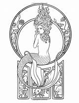 Coloring Pages Kraken Mermaid Siren Tattoo Nouveau Adult Mermaids Vintage Colouring Mystical Mythical Drawings Dessin Coloriage Sea Printable Books Drawing sketch template