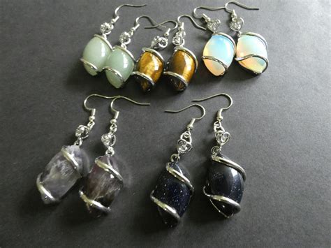 wire wrap natural gemstone earrings brass dangle earring  stone fish hook fashion earring