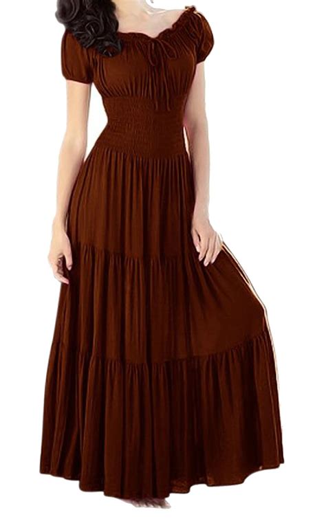 meaneor womens smocked peasant dress full circle skirt dress princess dress brown  amazon