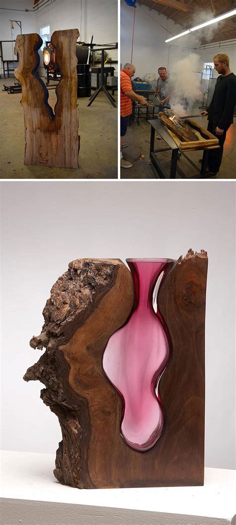 artist takes slabs  edge wood  blows glass