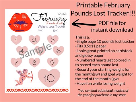 printable monthly weight loss tracker  pounds lost etsy
