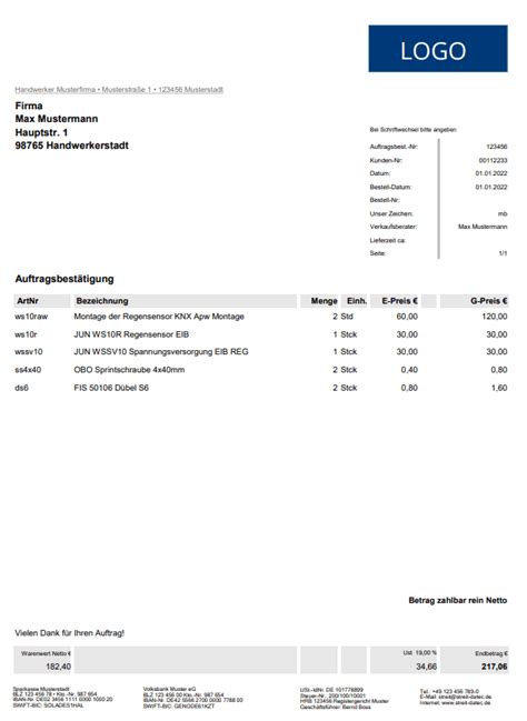auftragsbestaetigung muster fuer das handwerk
